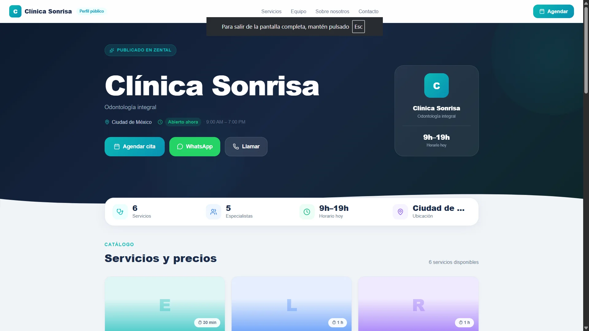 Página pública de la clínica